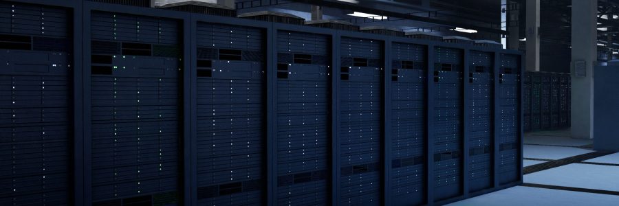 Modern server facility operating advanced AI tasks, doing model inference for real time data analysis. Central systems storing and processing large training datasets, 3D rendering